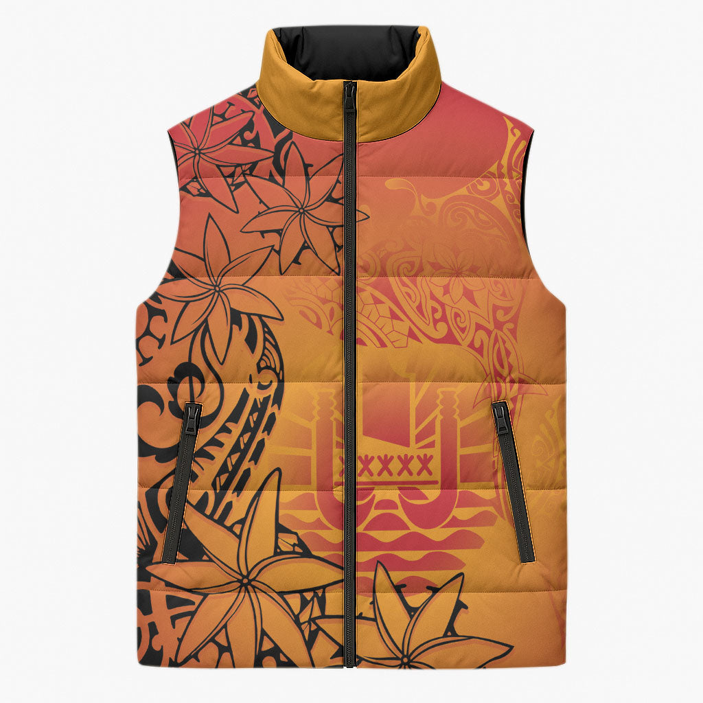 French Polynesia Manta Ray Tattoo Sleeveless Puffer Jacket Tahiti Hahalua Tiare Maori Gradient Style LT14 Unisex Orange - Polynesian Pride