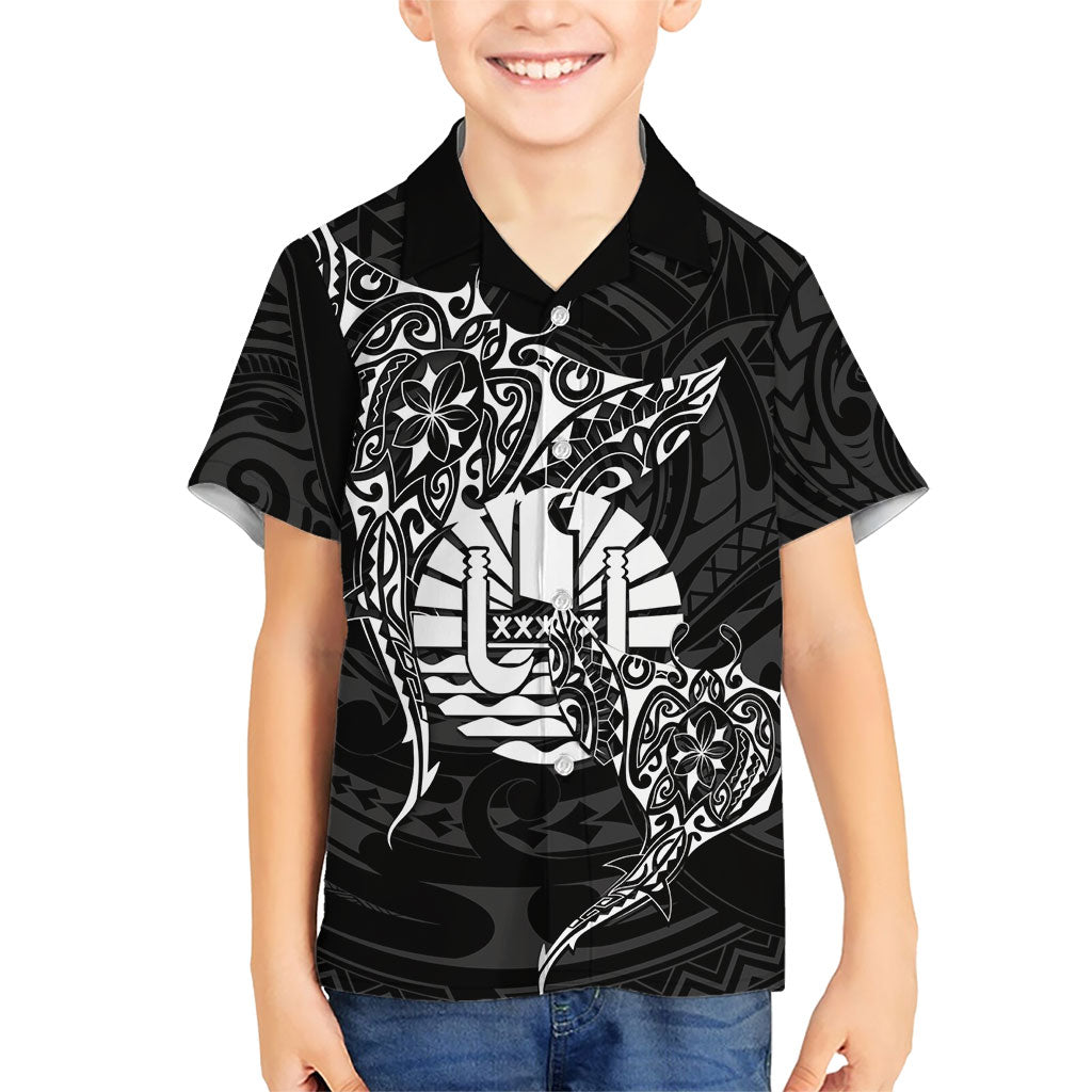 French Polynesia Manta Ray Tattoo Kid Hawaiian Shirt Tahiti Hahalua Turtle Shark Black Color LT14 Kid Black - Polynesian Pride