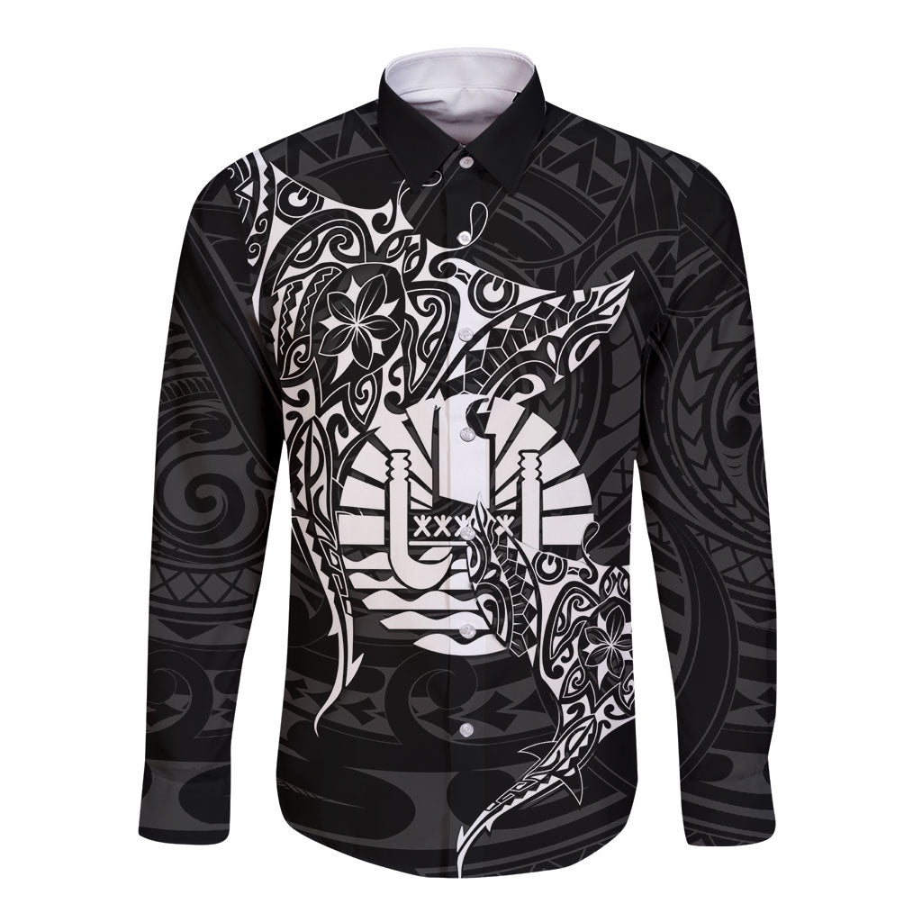 French Polynesia Manta Ray Tattoo Long Sleeve Button Shirt Tahiti Hahalua Turtle Shark Black Color LT14 Unisex Black - Polynesian Pride