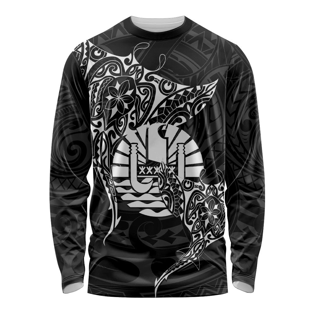 French Polynesia Manta Ray Tattoo Long Sleeve Shirt Tahiti Hahalua Turtle Shark Black Color LT14 Unisex Black - Polynesian Pride