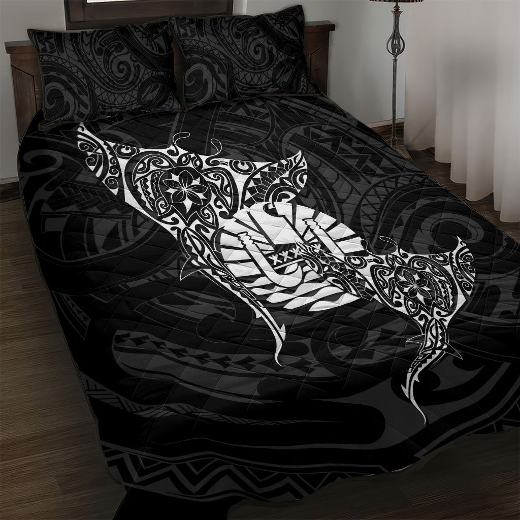 French Polynesia Manta Ray Tattoo Quilt Bed Set Tahiti Hahalua Turtle Shark Black Color LT14 Black - Polynesian Pride