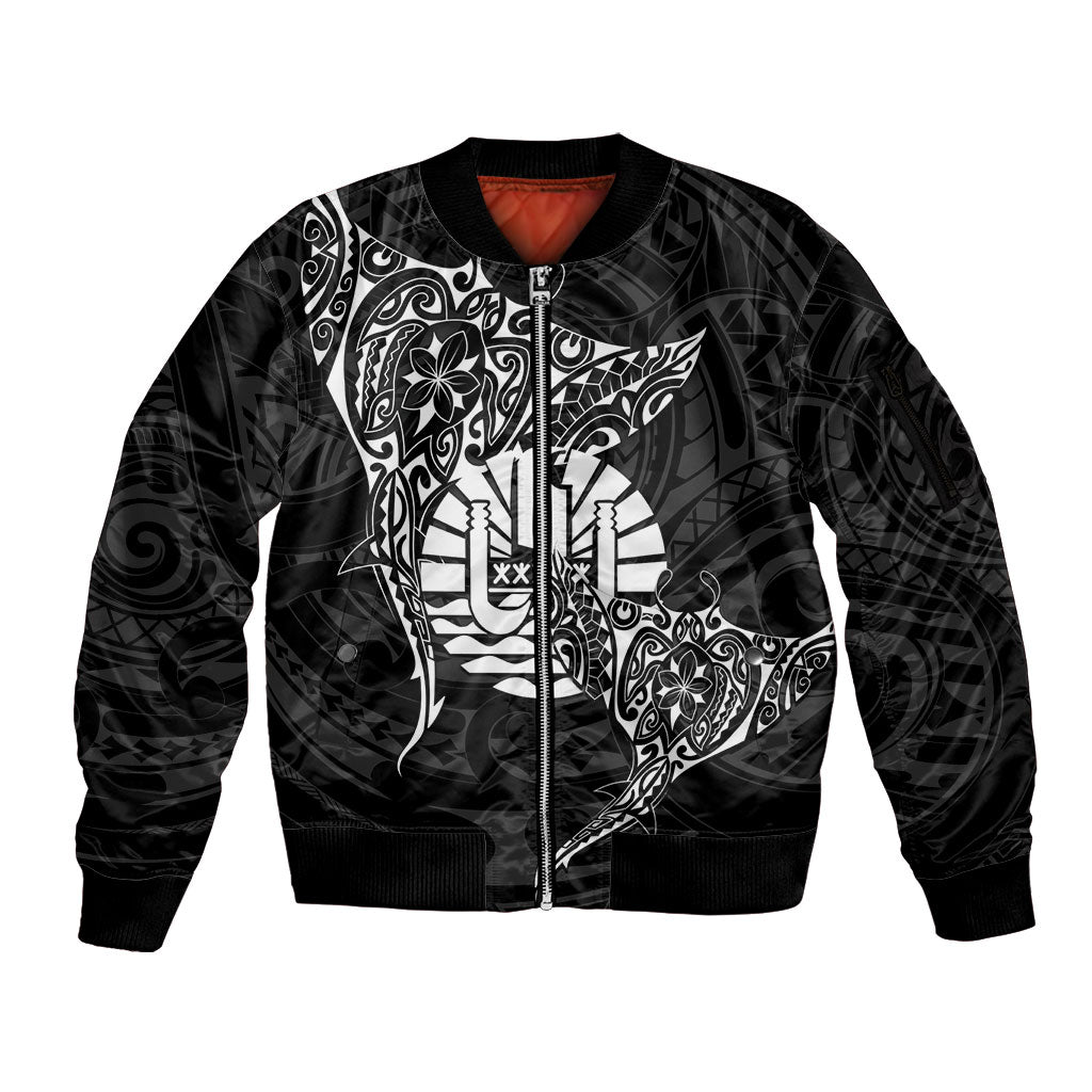French Polynesia Manta Ray Tattoo Sleeve Zip Bomber Jacket Tahiti Hahalua Turtle Shark Black Color LT14 Unisex Black - Polynesian Pride