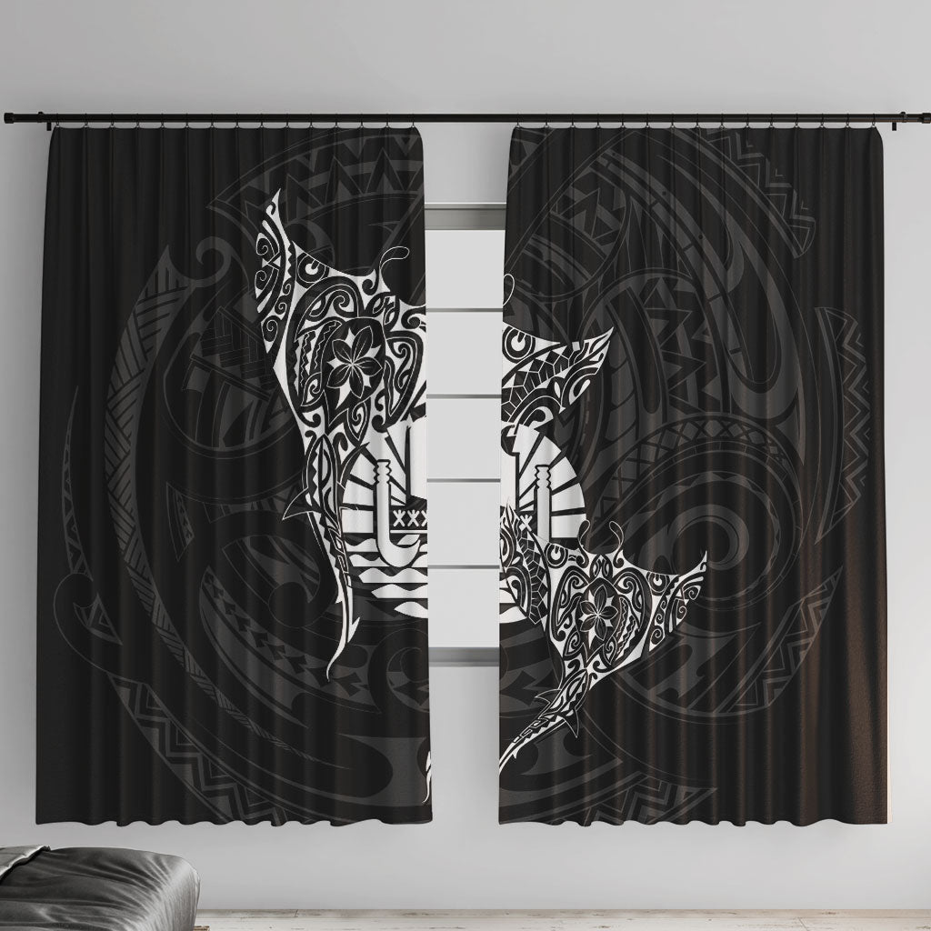 French Polynesia Manta Ray Tattoo Window Curtain Tahiti Hahalua Turtle Shark Black Color LT14 With Hooks Black - Polynesian Pride