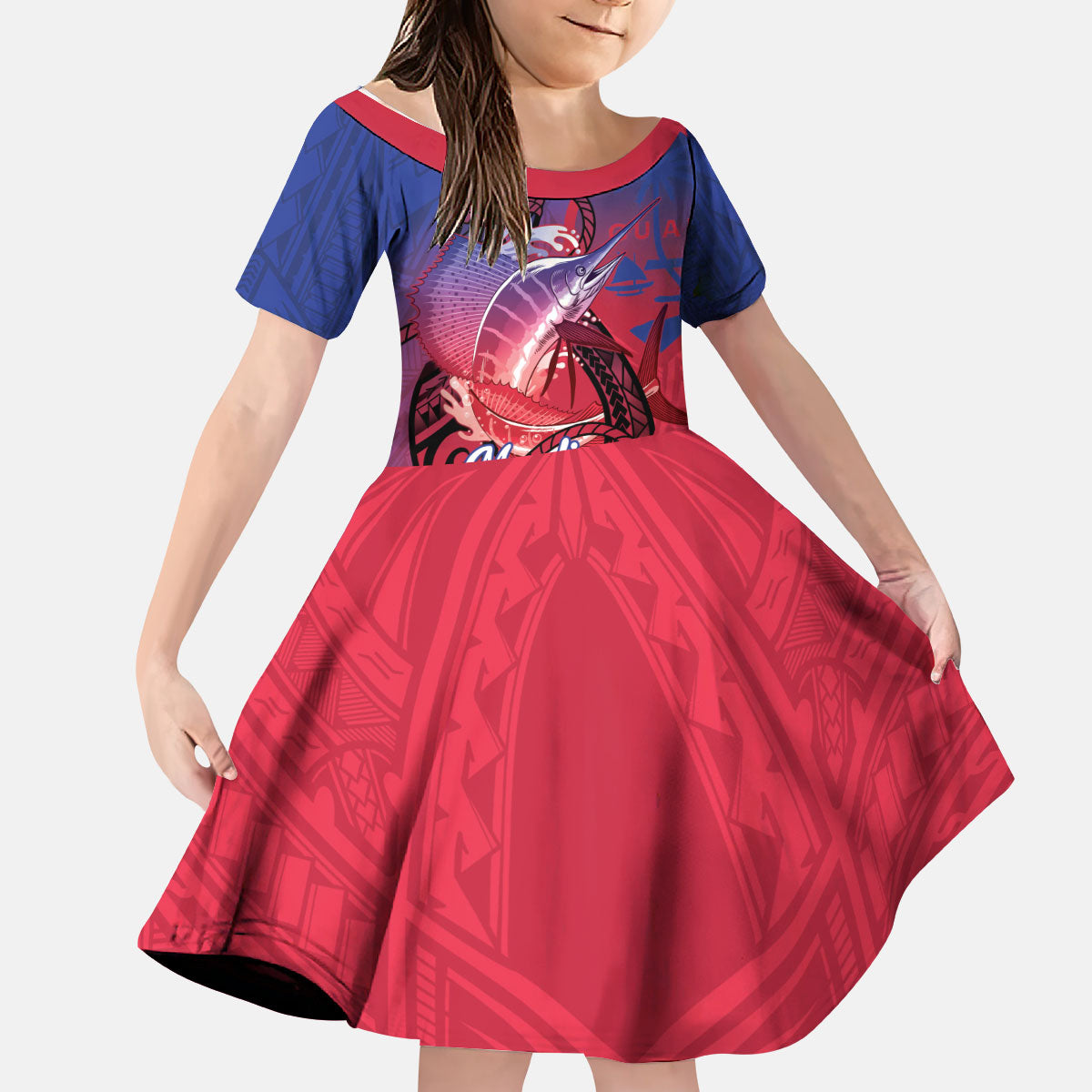 Guam Blue Marlin Fishing Kid Short Sleeve Dress Guahan Fish Hook Tattoo LT14 KID Blue - Polynesian Pride
