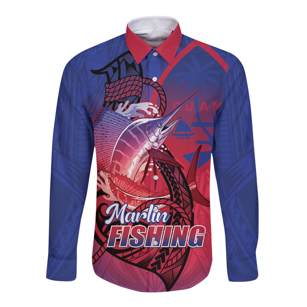 Guam Blue Marlin Fishing Long Sleeve Button Shirt Guahan Fish Hook Tattoo LT14 Unisex Blue - Polynesian Pride