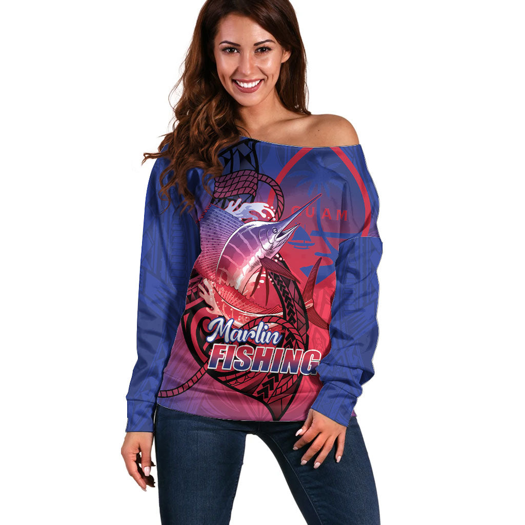 Guam Blue Marlin Fishing Off Shoulder Sweater Guahan Fish Hook Tattoo LT14 Women Blue - Polynesian Pride