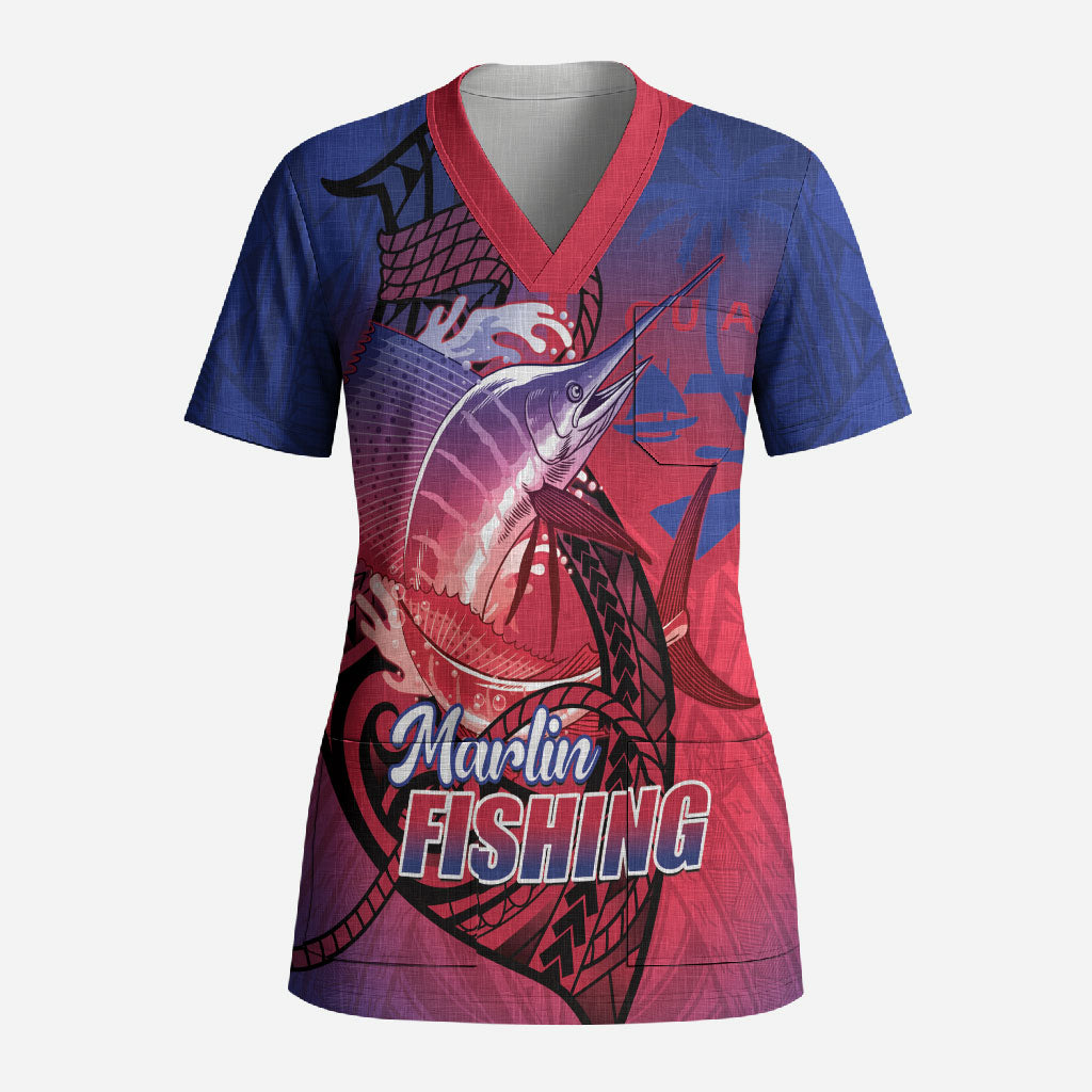 Guam Blue Marlin Fishing Scrub Top Guahan Fish Hook Tattoo LT14 Adult Blue - Polynesian Pride