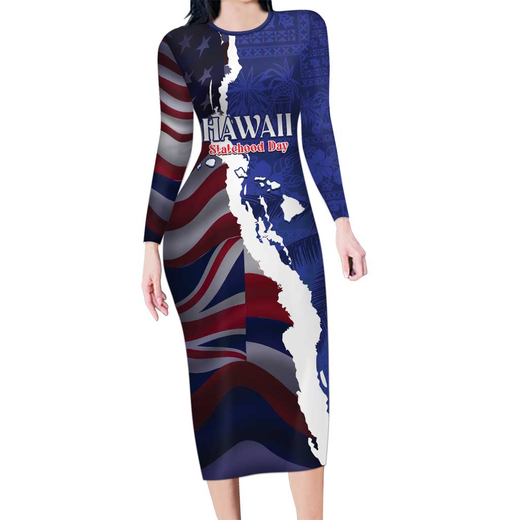 Personalized Hawaii Statehood Day Long Sleeve Bodycon Dress 66th Anniversary LT14 Long Dress Blue - Polynesian Pride