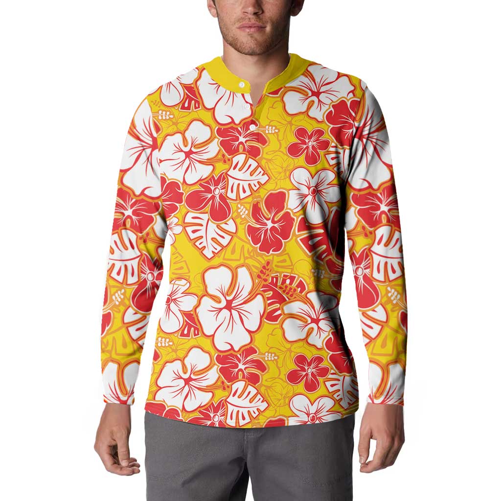 Yellow Hawaii Hibiscus Button Sweatshirt Tropical Flowers Seamless Pattern LT14 - Polynesian Pride