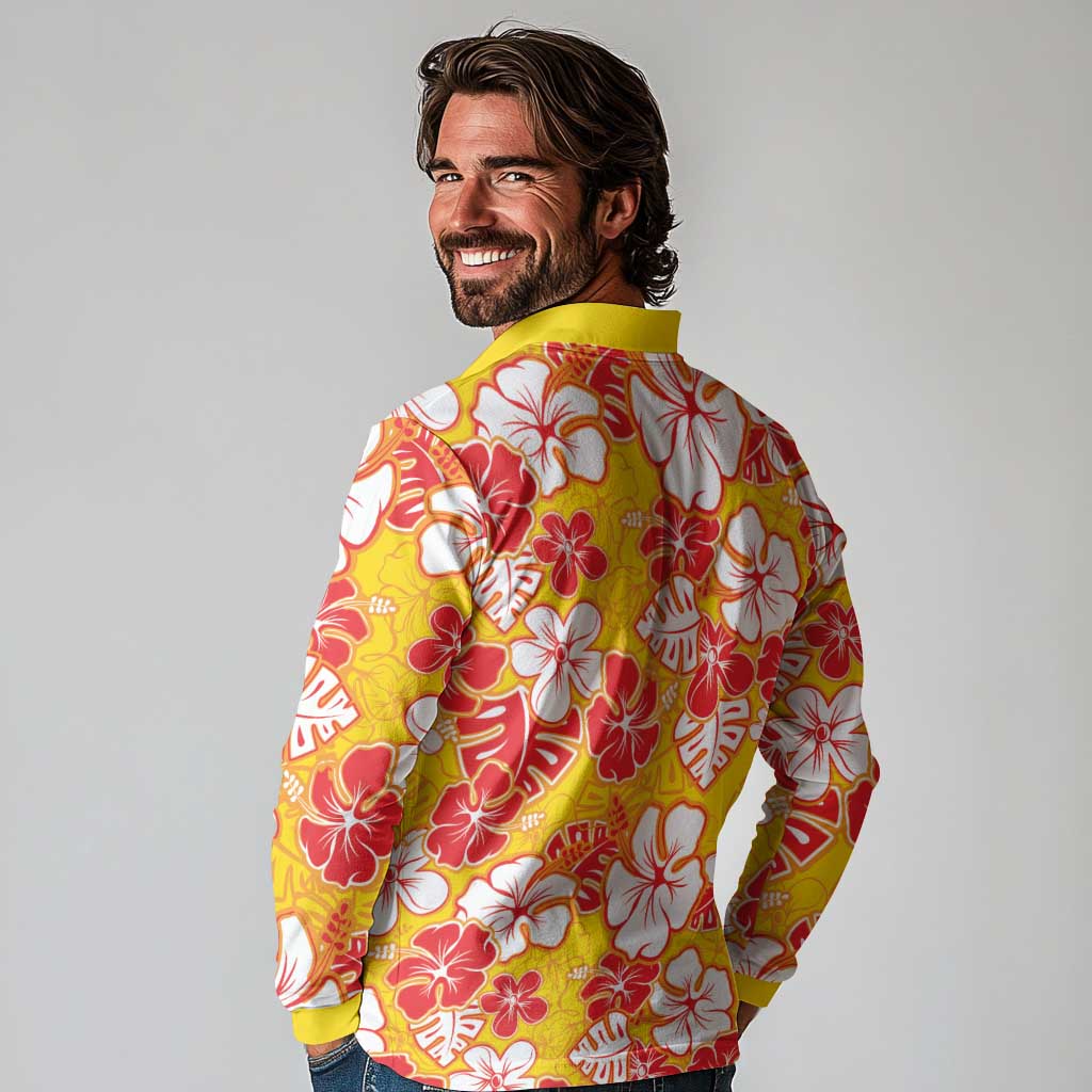 Yellow Hawaii Hibiscus Long Sleeve Polo Shirt Tropical Flowers Seamless Pattern LT14 - Polynesian Pride