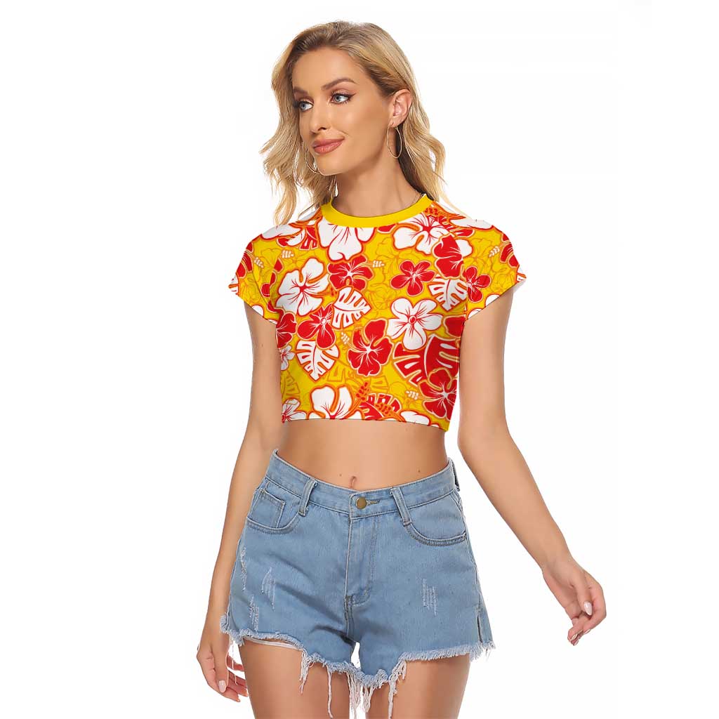 Yellow Hawaii Hibiscus Raglan Cropped T Shirt Tropical Flowers Seamless Pattern LT14 Female Yellow - Polynesian Pride