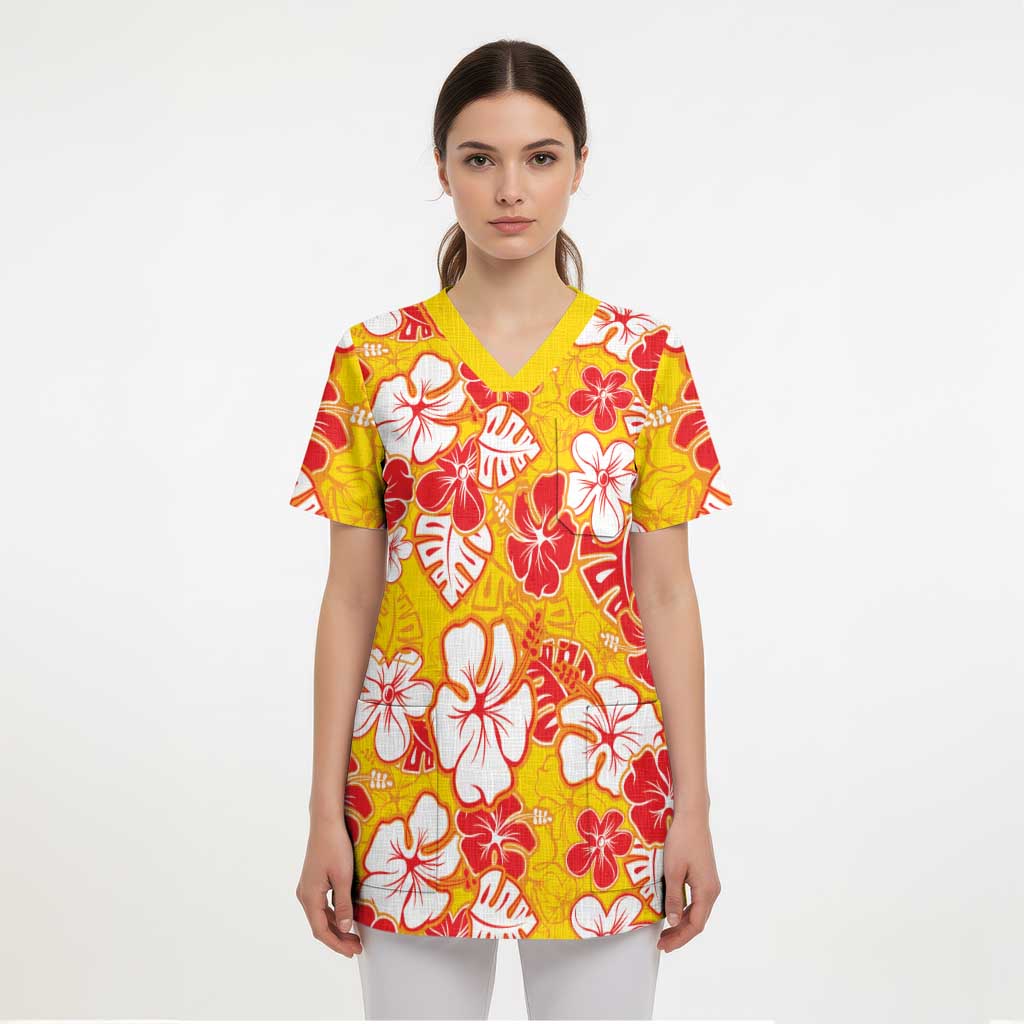 Yellow Hawaii Hibiscus Scrub Top Tropical Flowers Seamless Pattern LT14 - Polynesian Pride