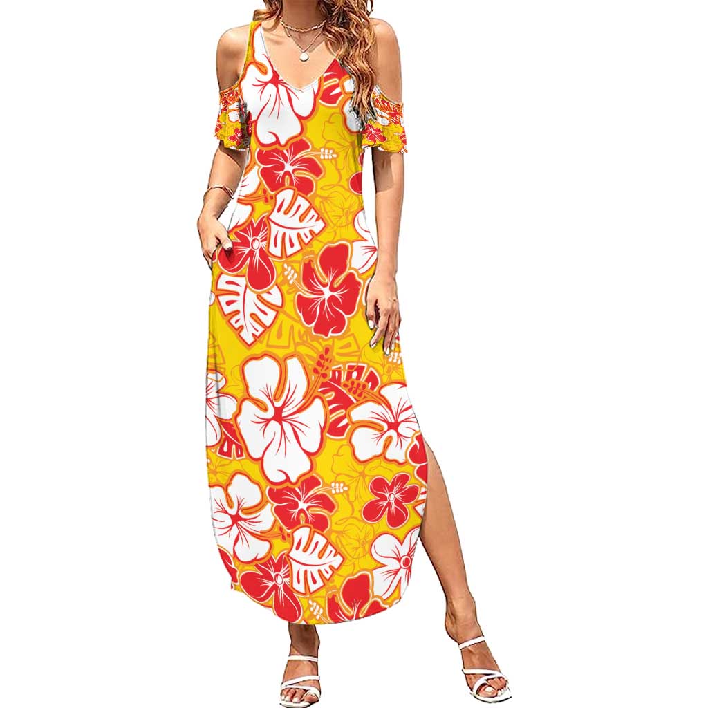 Yellow Hawaii Hibiscus Summer Maxi Dress Tropical Flowers Seamless Pattern LT14 Women Yellow - Polynesian Pride