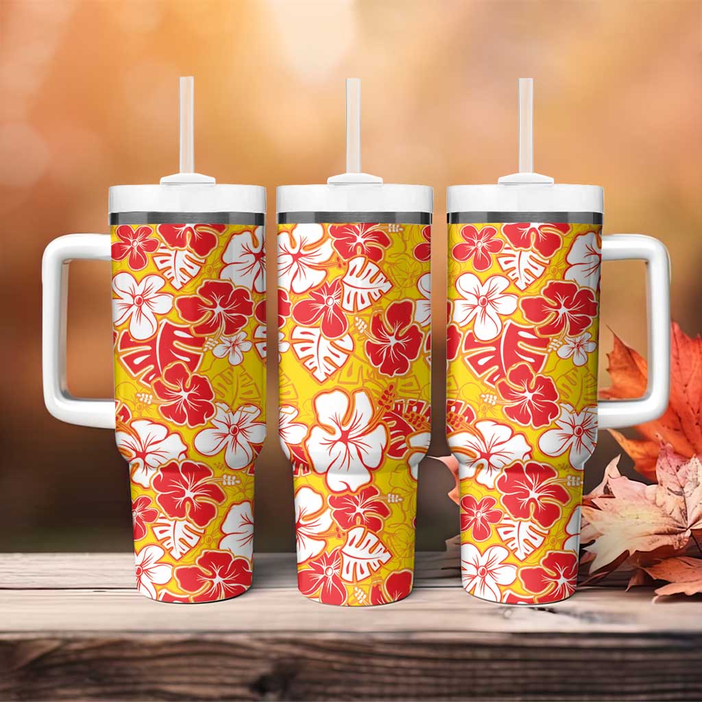 Yellow Hawaii Hibiscus Tumbler With Handle Tropical Flowers Seamless Pattern LT14 - Polynesian Pride