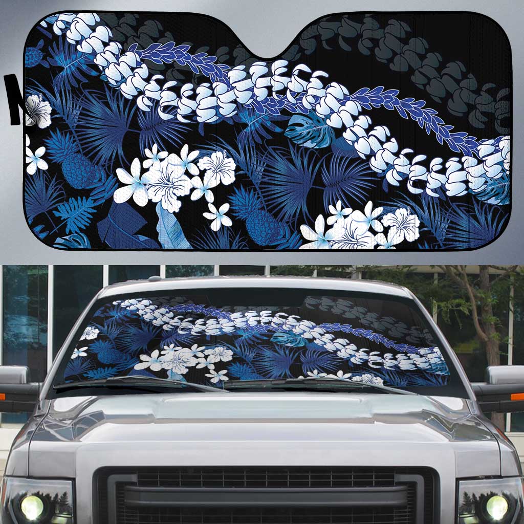 Polu Aloha Hawaii Lei Auto Sun Shade Tropical Flowers Elegant Vibe LT14 Blue - Polynesian Pride