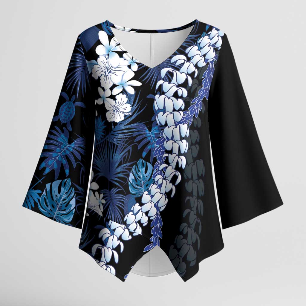 Polu Aloha Hawaii Lei Kimono Sleeve Blouse Tropical Flowers Elegant Vibe LT14 Female Blue - Polynesian Pride