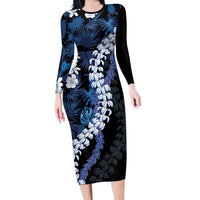 Polu Aloha Hawaii Lei Long Sleeve Bodycon Dress Tropical Flowers Elegant Vibe LT14 Long Dress Blue - Polynesian Pride