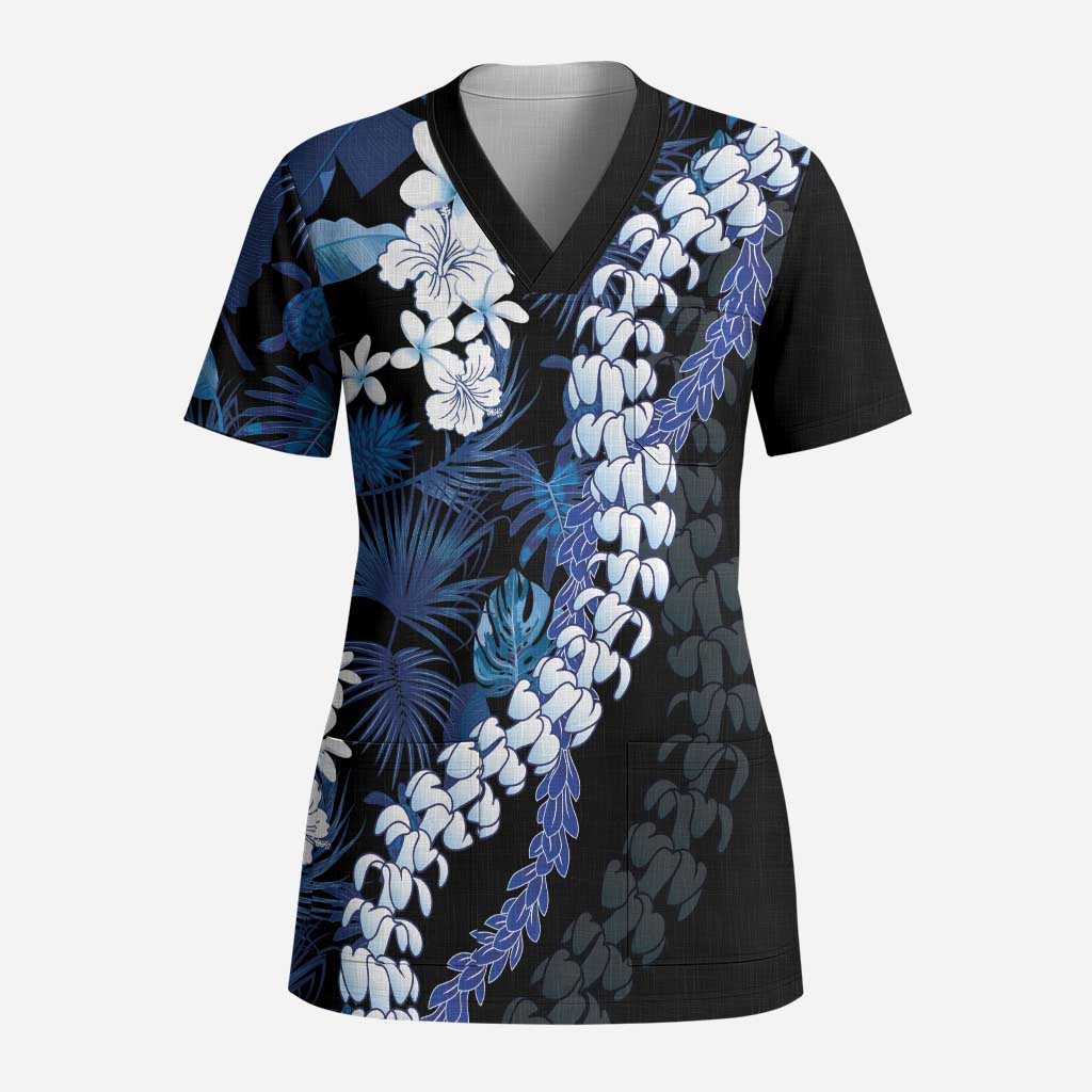 Polu Aloha Hawaii Lei Scrub Top Tropical Flowers Elegant Vibe LT14 Adult Blue - Polynesian Pride