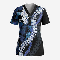 Polu Aloha Hawaii Lei Scrub Top Tropical Flowers Elegant Vibe LT14 Adult Blue - Polynesian Pride
