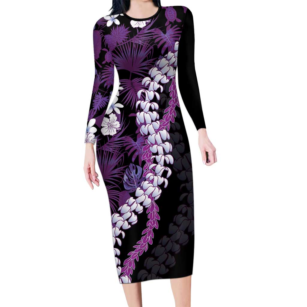 Poni Aloha Hawaii Lei Long Sleeve Bodycon Dress Tropical Flowers Elegant Vibe LT14 Long Dress Purple - Polynesian Pride