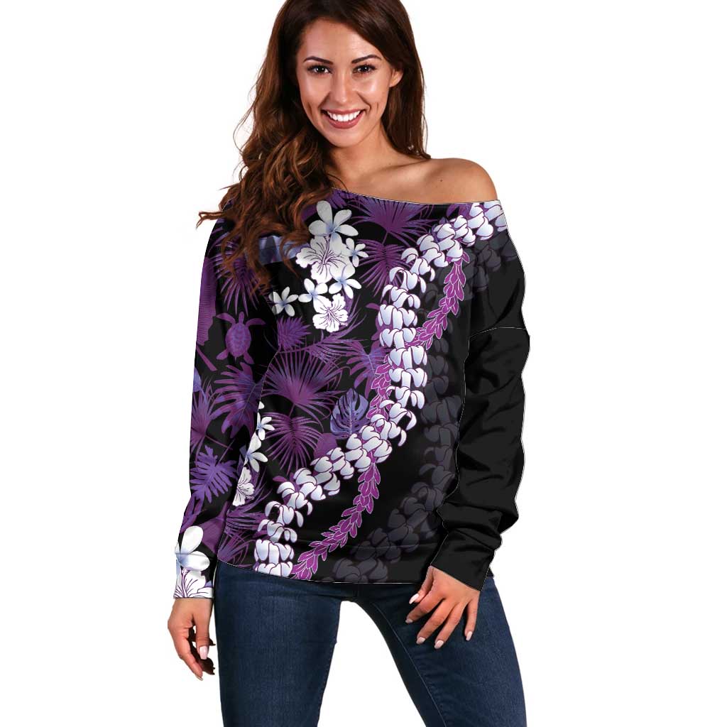 Poni Aloha Hawaii Lei Off Shoulder Sweater Tropical Flowers Elegant Vibe LT14 Women Purple - Polynesian Pride