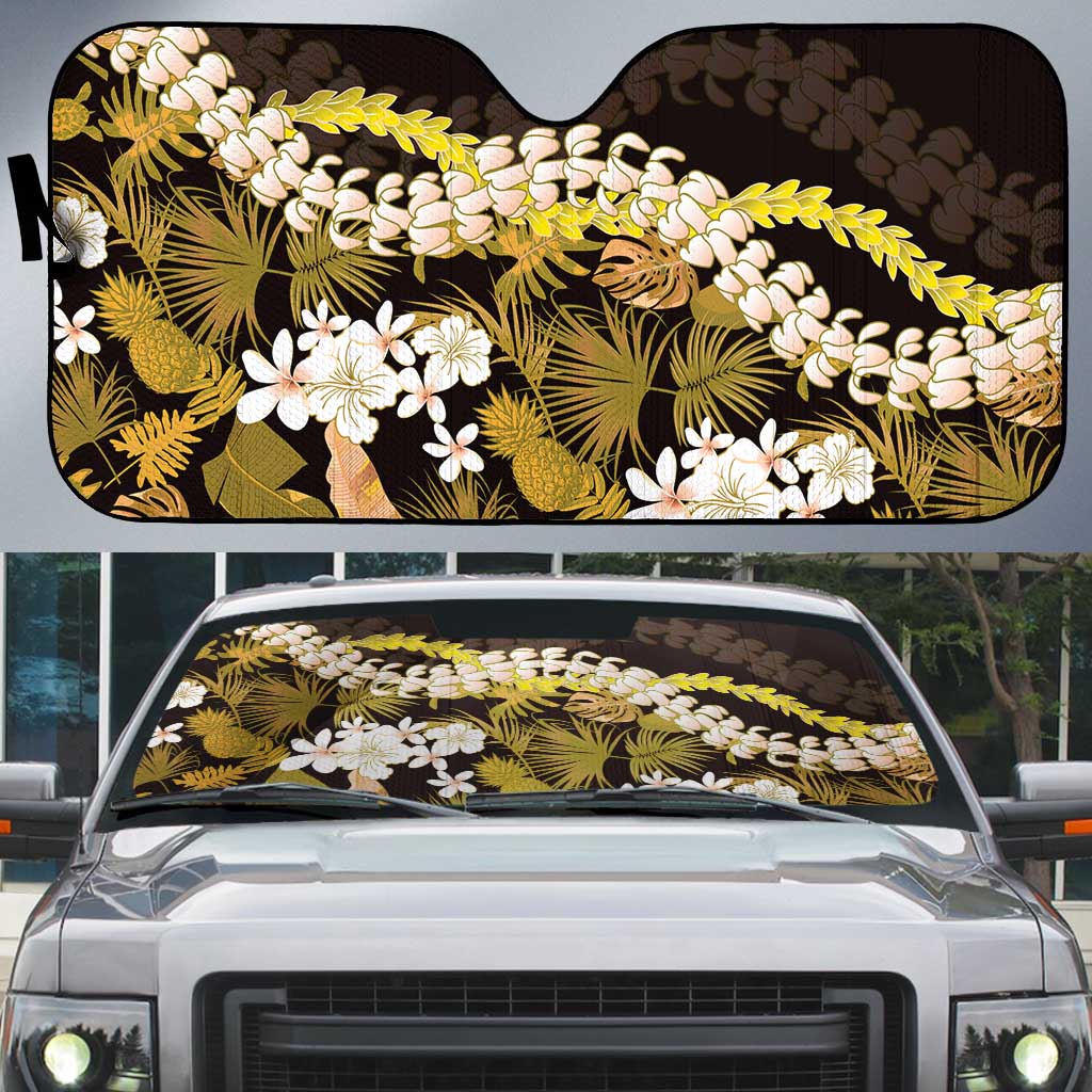 Kula Aloha Hawaii Lei Auto Sun Shade Tropical Flowers Elegant Vibe LT14 Gold - Polynesian Pride