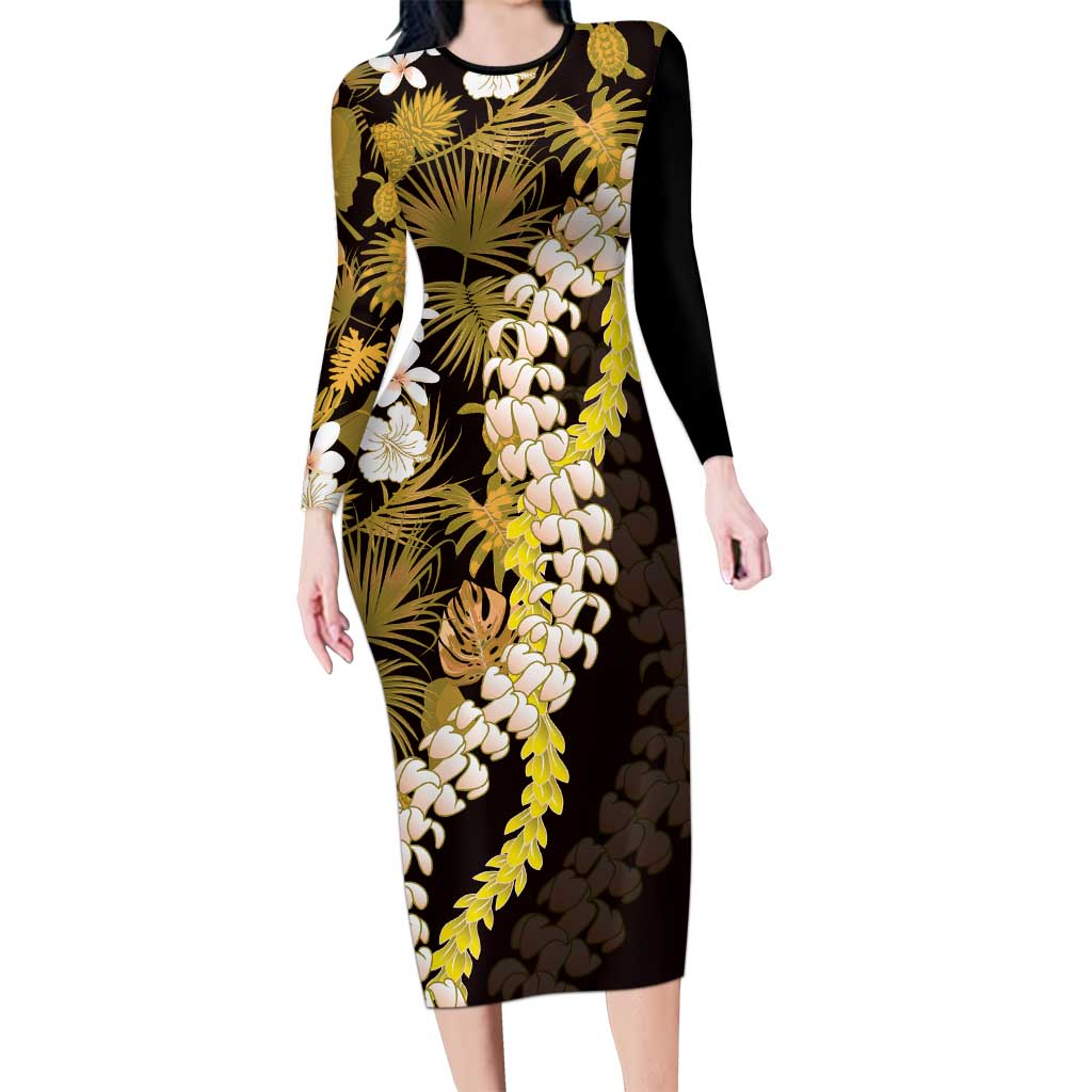 Kula Aloha Hawaii Lei Long Sleeve Bodycon Dress Tropical Flowers Elegant Vibe LT14 Long Dress Gold - Polynesian Pride