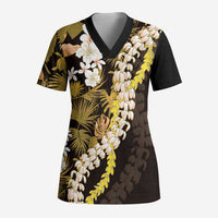 Kula Aloha Hawaii Lei Scrub Top Tropical Flowers Elegant Vibe LT14 Adult Gold - Polynesian Pride