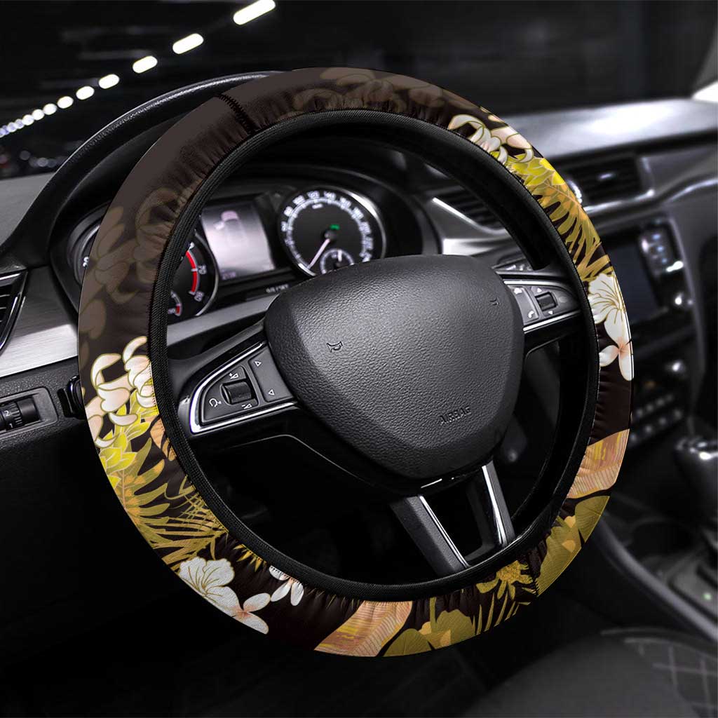 Kula Aloha Hawaii Lei Steering Wheel Cover Tropical Flowers Elegant Vibe LT14 Universal Fit Gold - Polynesian Pride