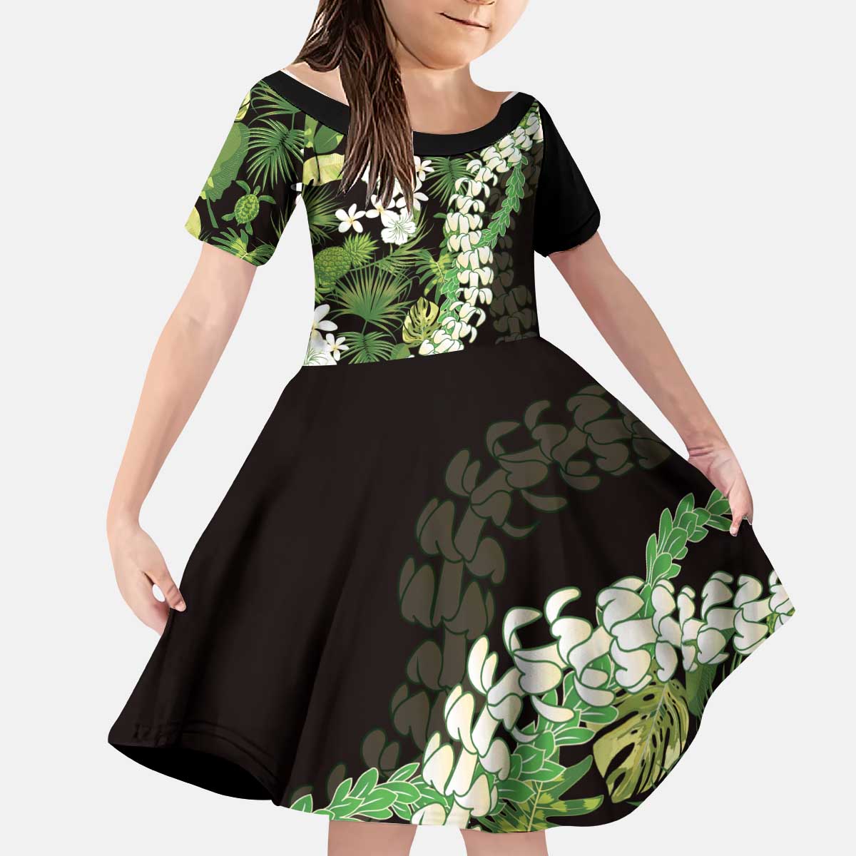 Omaomao Aloha Hawaii Lei Kid Short Sleeve Dress Tropical Flowers Elegant Vibe LT14 KID Green - Polynesian Pride