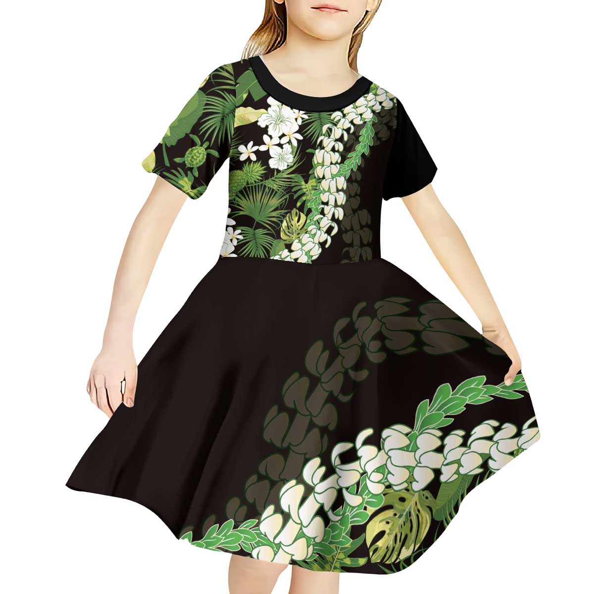 Omaomao Aloha Hawaii Lei Kid Short Sleeve Dress Tropical Flowers Elegant Vibe LT14 - Polynesian Pride