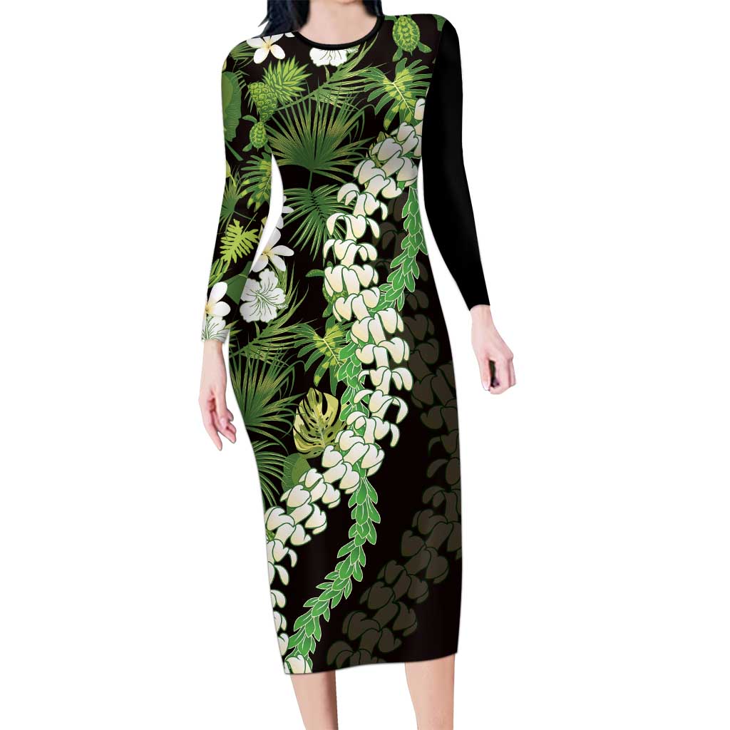 Omaomao Aloha Hawaii Lei Long Sleeve Bodycon Dress Tropical Flowers Elegant Vibe LT14 Long Dress Green - Polynesian Pride