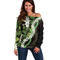 Omaomao Aloha Hawaii Lei Off Shoulder Sweater Tropical Flowers Elegant Vibe LT14 Women Green - Polynesian Pride