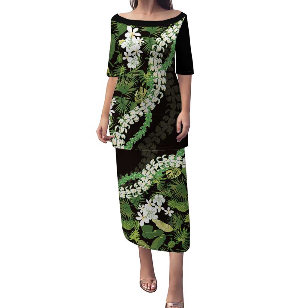 Omaomao Aloha Hawaii Lei Puletasi Tropical Flowers Elegant Vibe LT14 Long Dress Green - Polynesian Pride