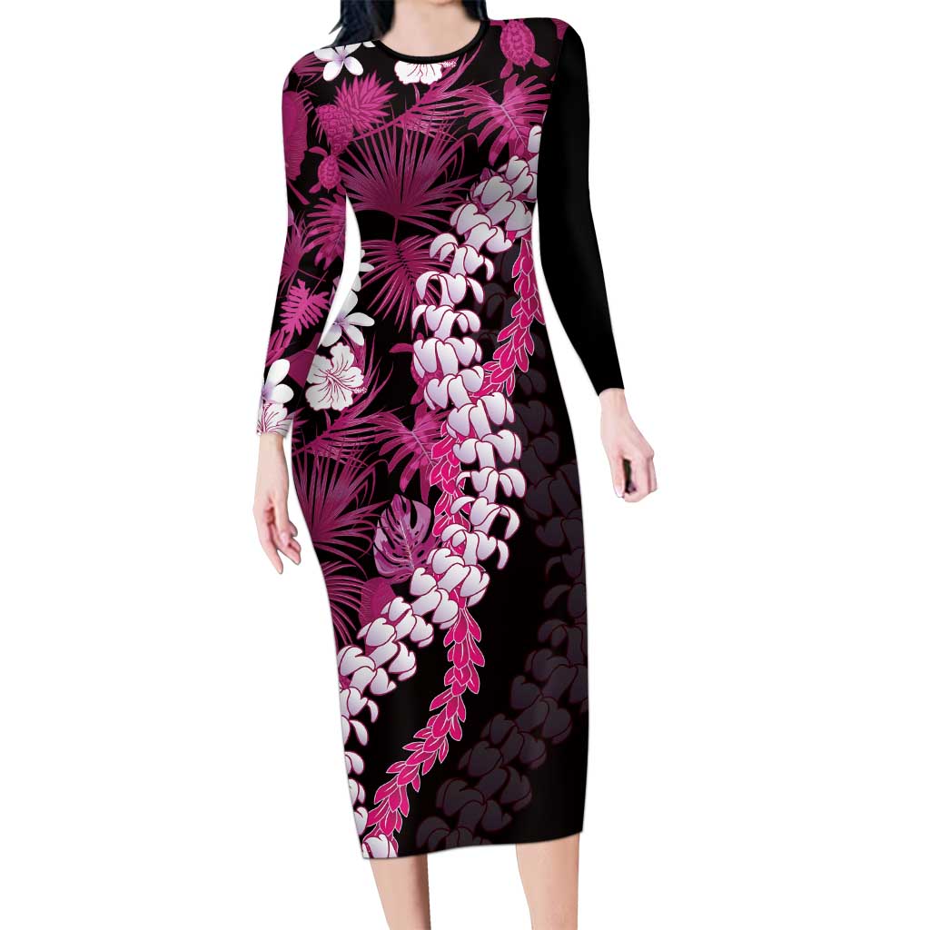 Akala Aloha Hawaii Lei Long Sleeve Bodycon Dress Tropical Flowers Elegant Vibe LT14 Long Dress Pink - Polynesian Pride