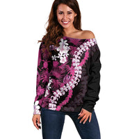 Akala Aloha Hawaii Lei Off Shoulder Sweater Tropical Flowers Elegant Vibe LT14 Women Pink - Polynesian Pride