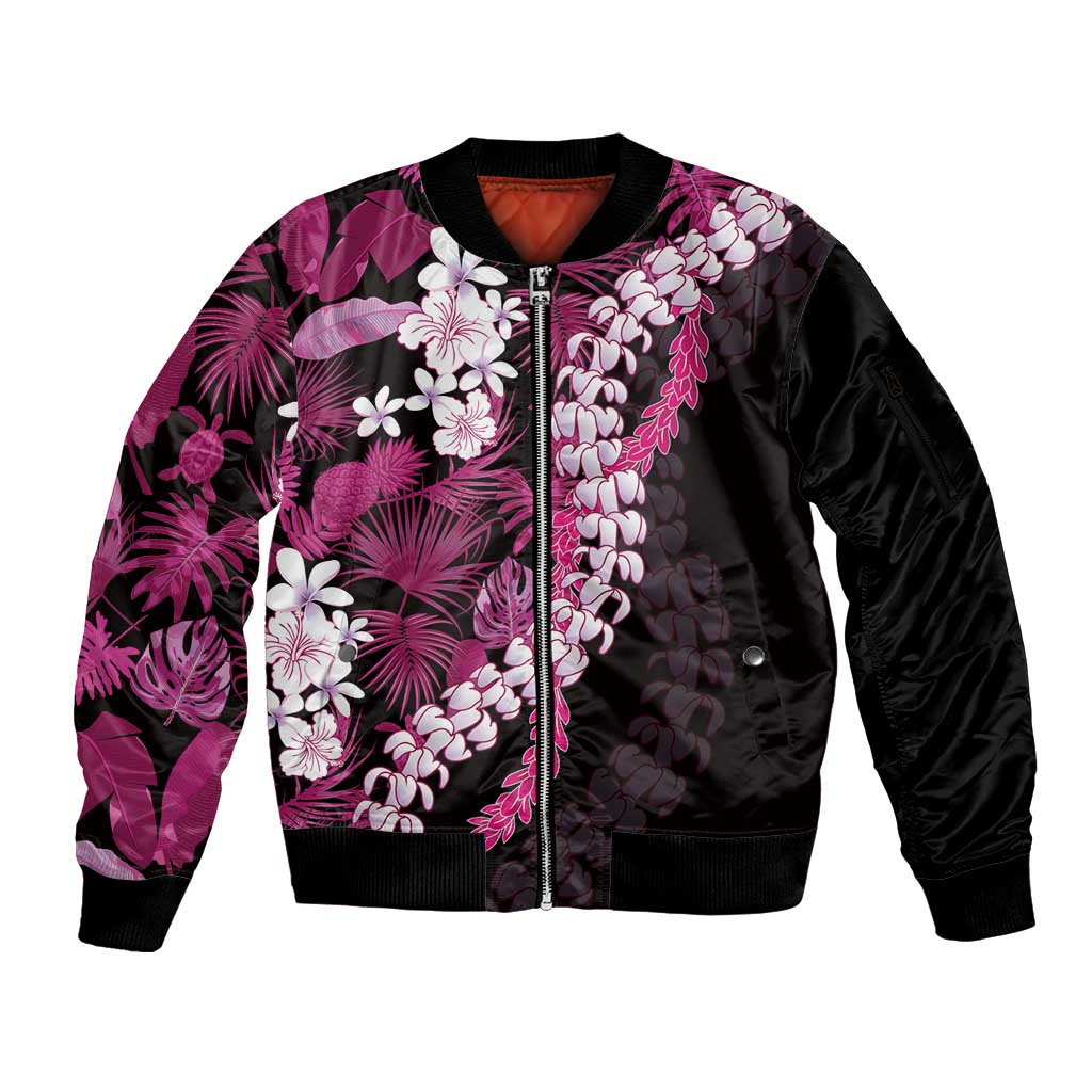 Akala Aloha Hawaii Lei Sleeve Zip Bomber Jacket Tropical Flowers Elegant Vibe LT14 Unisex Pink - Polynesian Pride