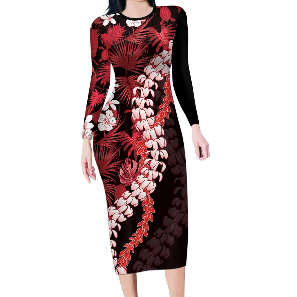 Ulaula Aloha Hawaii Lei Long Sleeve Bodycon Dress Tropical Flowers Elegant Vibe LT14 Long Dress Red - Polynesian Pride