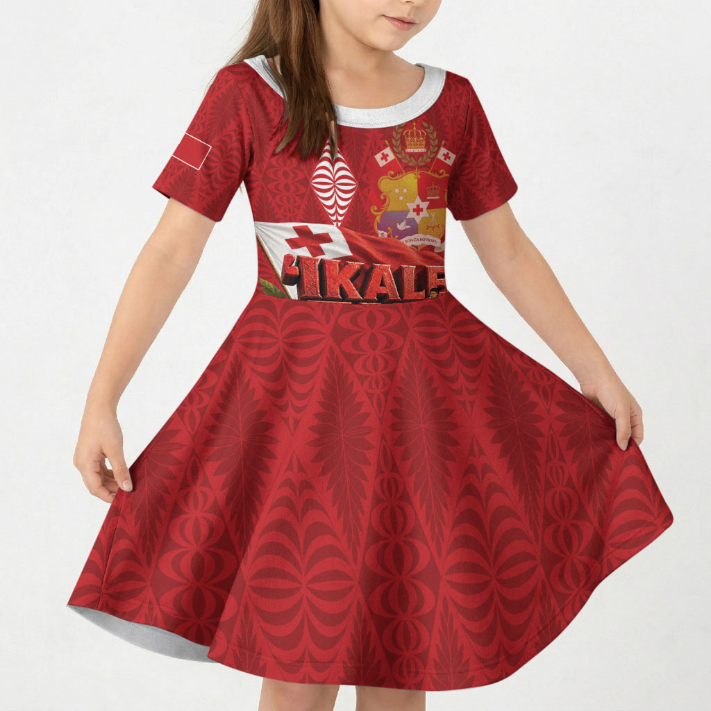 Tonga Rugby Custom Kid Short Sleeve Dress 2026 Go Ikale Tahi Ngatu Pattern LT14 KID Red - Polynesian Pride