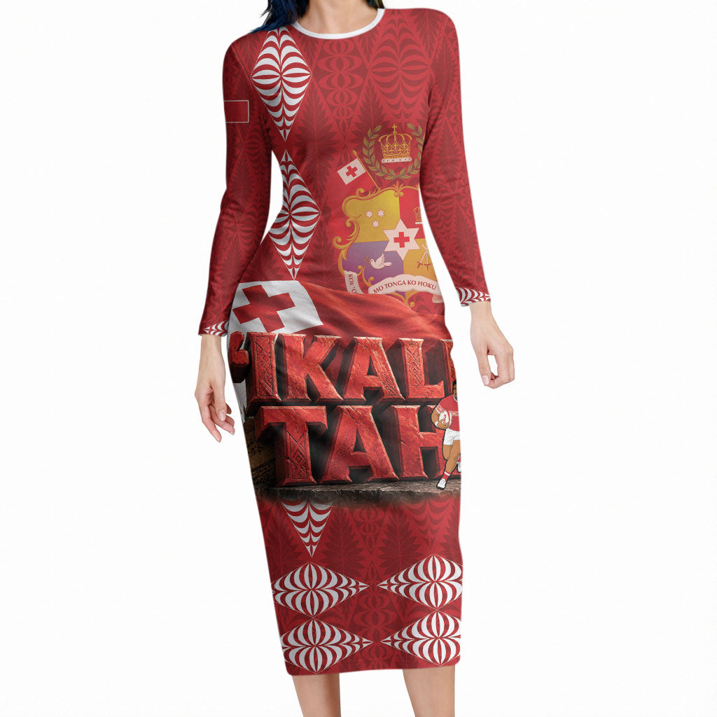 Tonga Rugby Custom Long Sleeve Bodycon Dress 2026 Go Ikale Tahi Ngatu Pattern LT14 Long Dress Red - Polynesian Pride