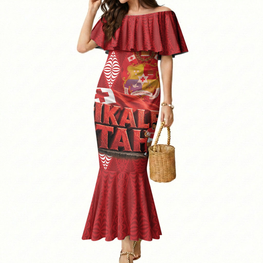 Tonga Rugby Custom Mermaid Dress 2026 Go Ikale Tahi Ngatu Pattern LT14 Women Red - Polynesian Pride