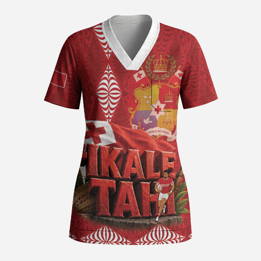 Tonga Rugby Custom Scrub Top 2026 Go Ikale Tahi Ngatu Pattern LT14 Adult Red - Polynesian Pride