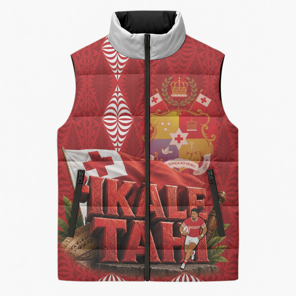 Tonga Rugby Custom Sleeveless Puffer Jacket 2026 Go Ikale Tahi Ngatu Pattern LT14 Unisex Red - Polynesian Pride