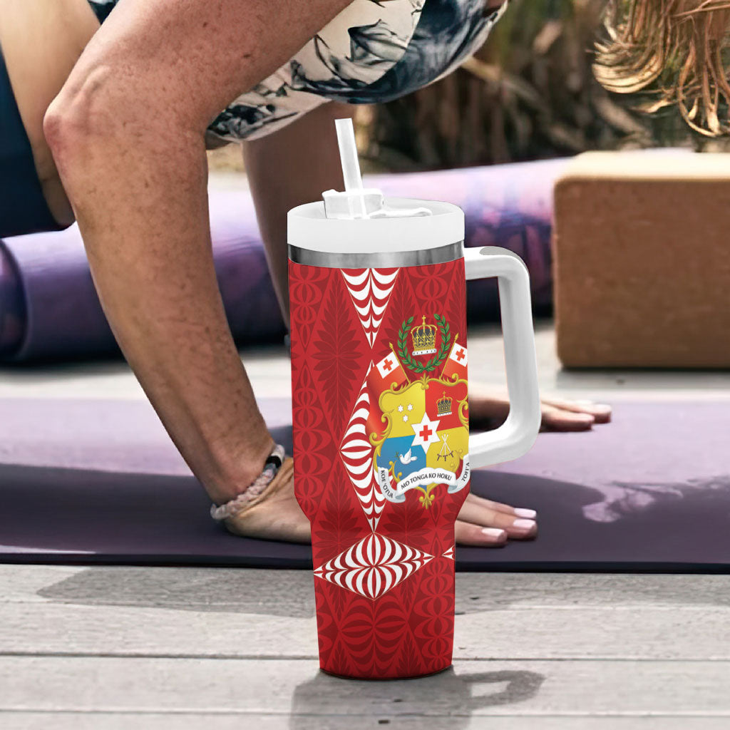 Tonga Rugby Custom Tumbler With Handle 2026 Go Ikale Tahi Ngatu Pattern LT14 - Polynesian Pride