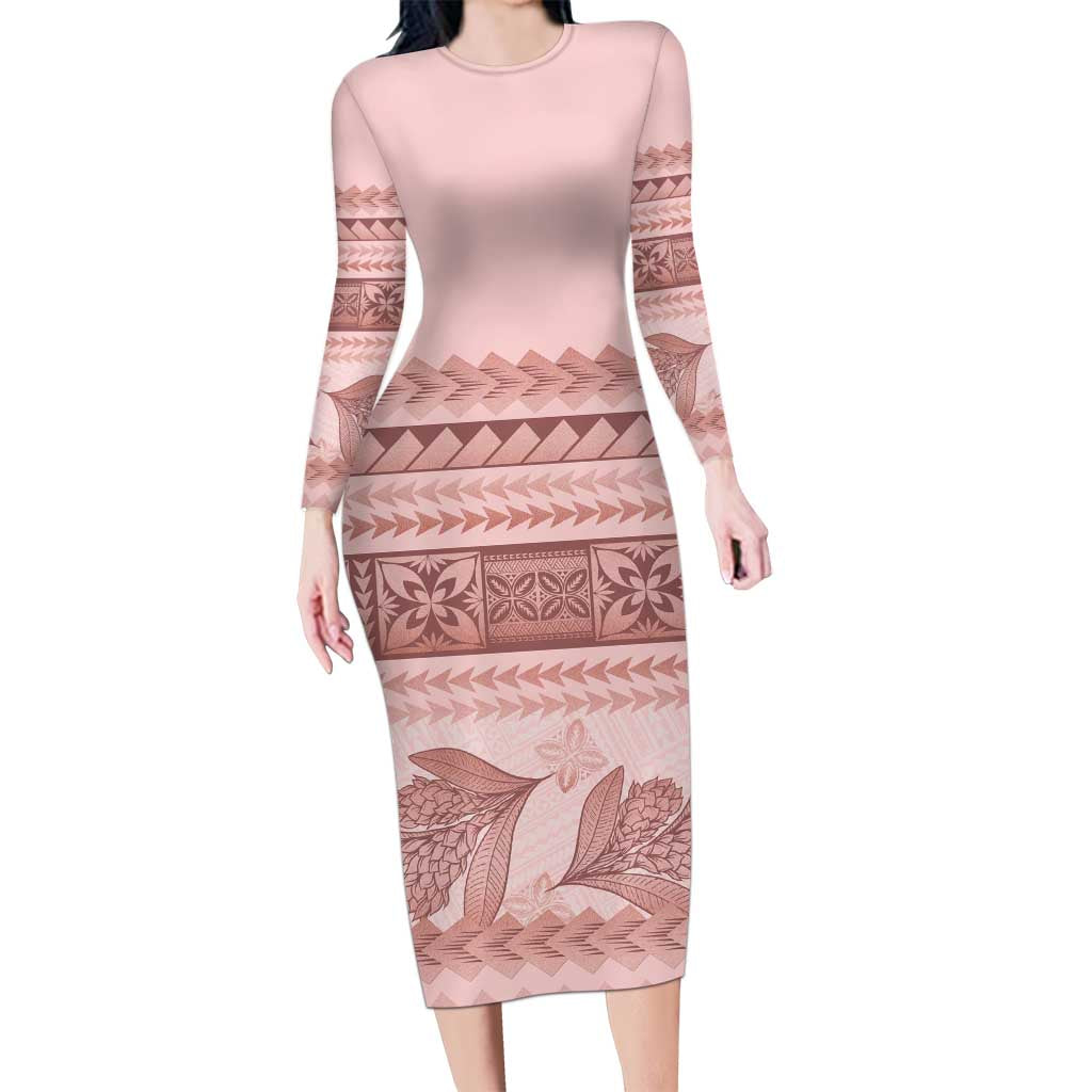 Pastel Pink Samoa Siapo Teuila Flowers Long Sleeve Bodycon Dress LT14 Long Dress Pastel Pink - Polynesian Pride