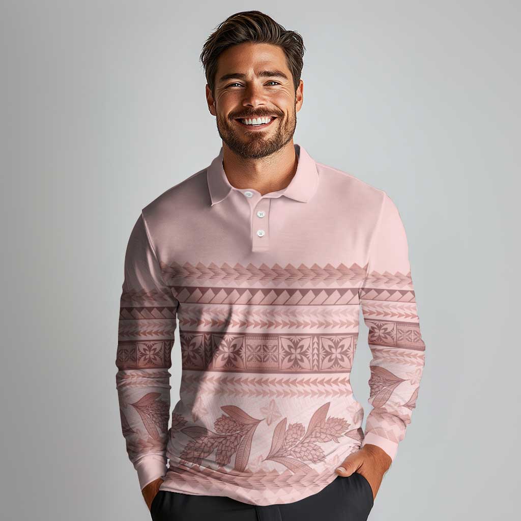 Pastel Pink Samoa Siapo Teuila Flowers Long Sleeve Polo Shirt LT14 - Polynesian Pride