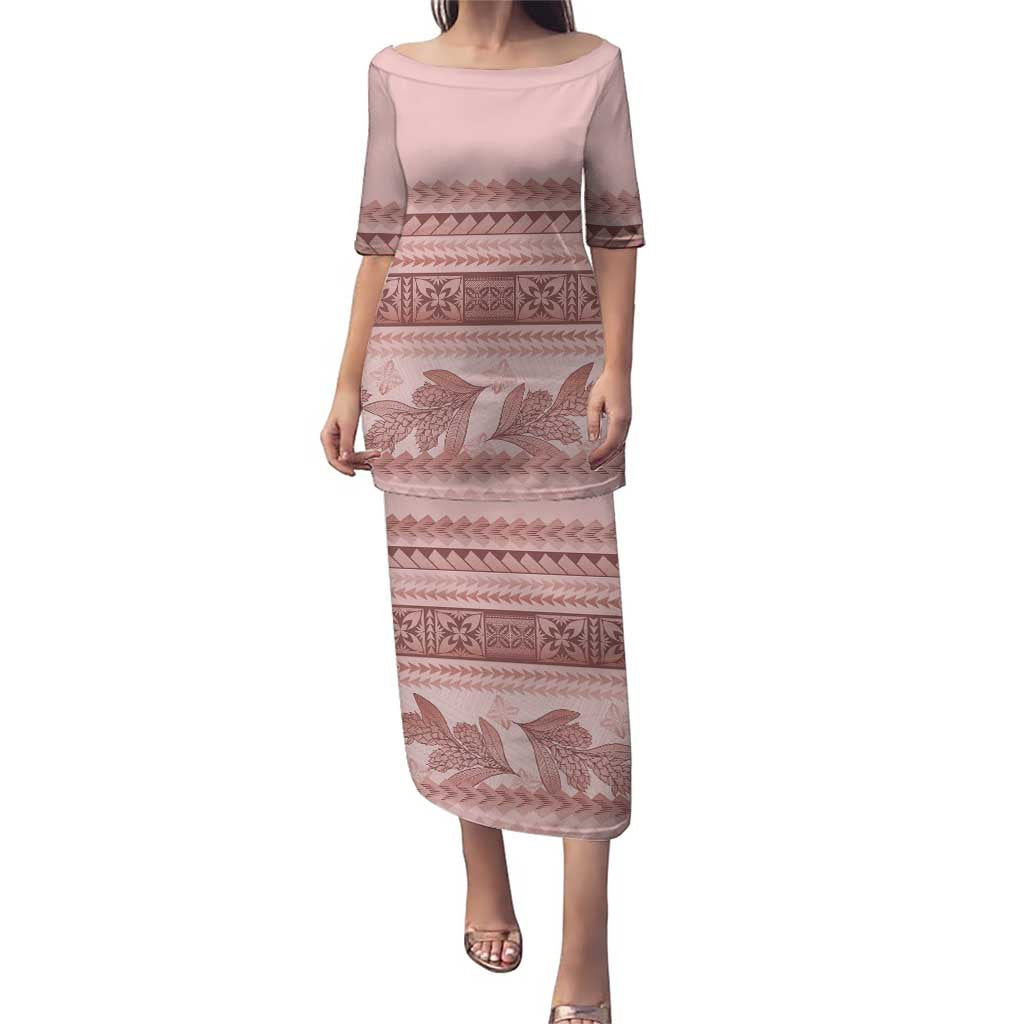 Pastel Pink Samoa Siapo Teuila Flowers Puletasi LT14 Long Dress Pastel Pink - Polynesian Pride