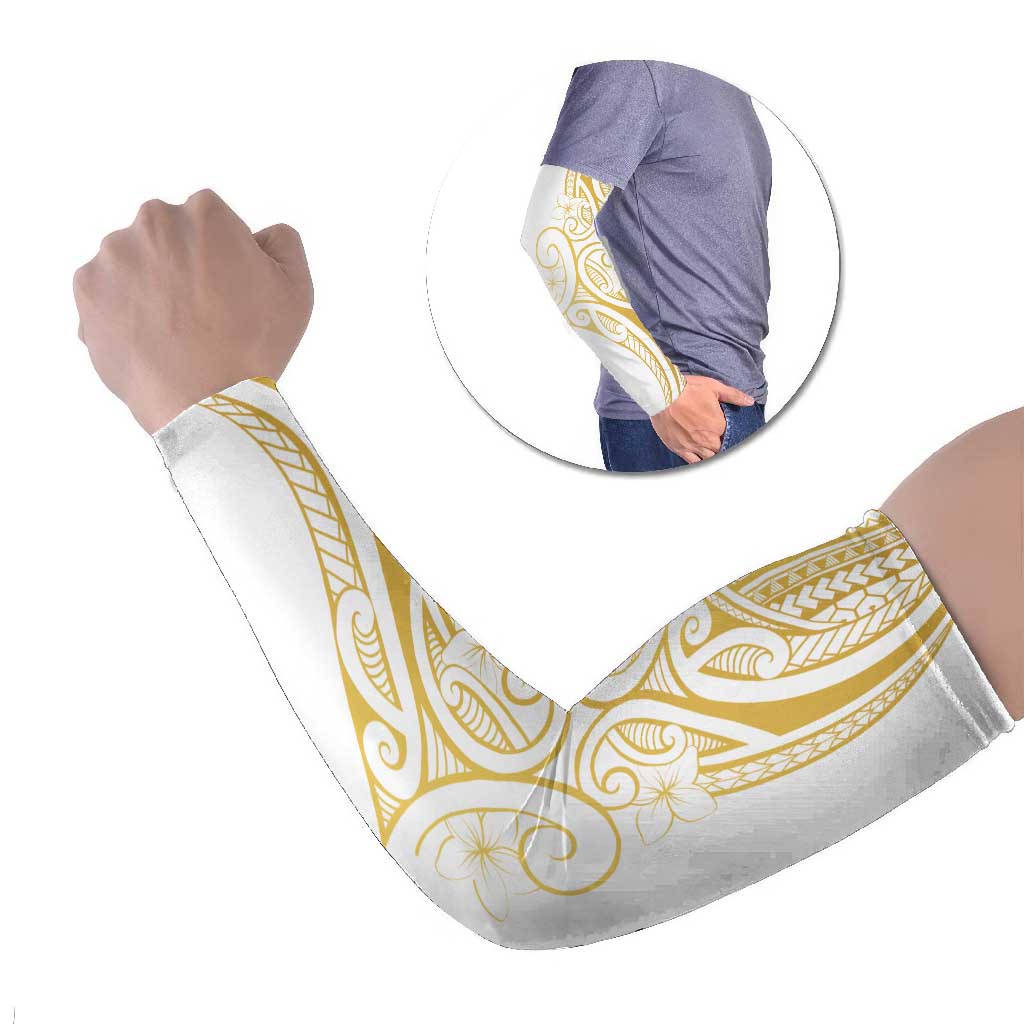 Polynesia White Sunday Arm Sleeves Plumeria Polynesian Tribal Gold Color LT14 Set of 2 White - Polynesian Pride