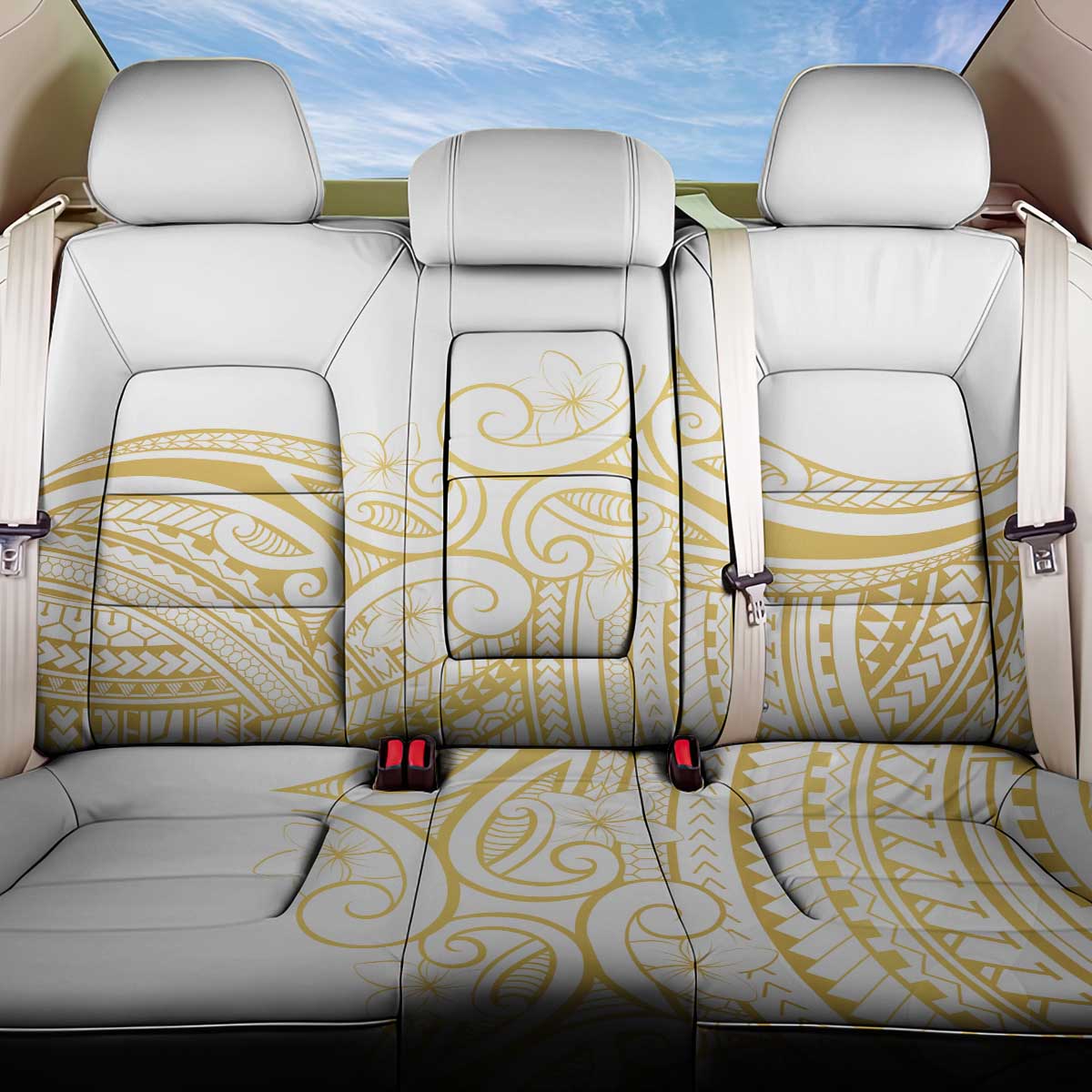 Polynesia White Sunday Back Car Seat Cover Plumeria Polynesian Tribal Gold Color LT14 One Size White - Polynesian Pride