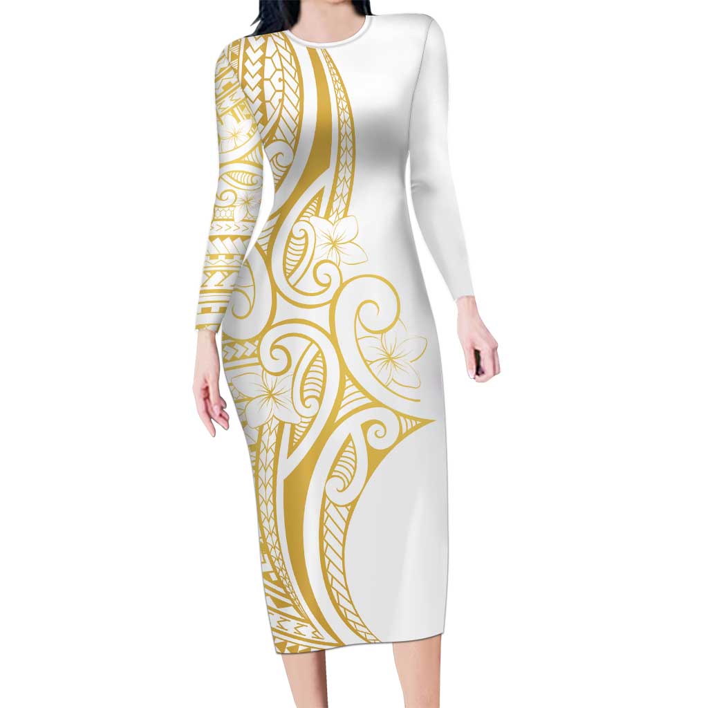 Polynesia White Sunday Long Sleeve Bodycon Dress Plumeria Polynesian Tribal Gold Color LT14 Long Dress White - Polynesian Pride